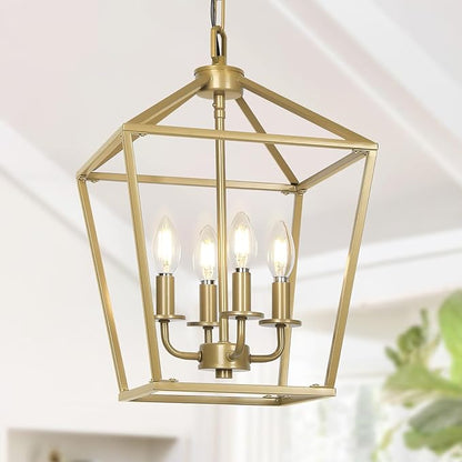4 Light Chandelier Light, Modern Ceiling Lighting with Metal Cage, Gold Lantarn Fixture Adjustable Chain, Geometric Hanging Light Fixture E12 Base for Entryway, Kitchen Island, Indoor Use