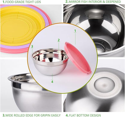 Mixing Bowls with Lids for Kitchen - 26 PCS Stainless Steel Nesting Colorful Mixing Bowls Set for Baking,Mixing,Serving & Prepping,Size 5, 3.7, 2.8, 2.3, 1.7, 1.1, 0.7QT,12 Cooking Utensils