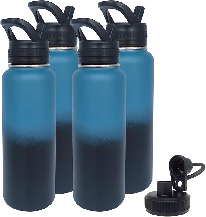 4pack 40 oz Insulated Water Bottle With Straw, Stainless Steel Sports Water Cup Flask with 2 Lids, Wide Mouth Travel Thermal Mug,Navy Black