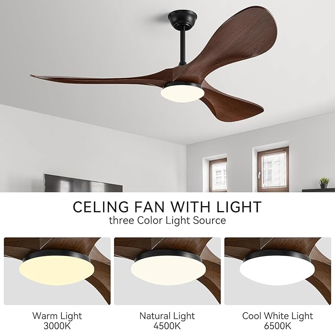 60 Inch Super Wide Blade Ceiling Fan with Light and Remote,Outdoor/Indoor Ceiling Fan with 3 Blades Noiseless Reversible DC Motor 6 Speeds with 3 Color Temperature and Timer for living room Patios
