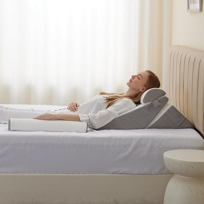 Adjustable 4pcs Bed Wedge Pillow Set, Memory Foam Wedge Pillow Post Surgery for Back, Neck, Leg Pain Relief, Pillow Wedge for Sleeping, Sitting up in Bed, Acid Reflux and GERD, White/Grey