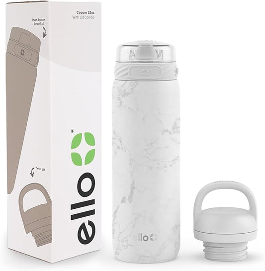 Ello Cooper 22oz Stainless Steel Water Bottle with 2 Lids Chug and Straw | Leak Proof Double Walled and Vacuum Insulated | Fits Car Cupholder | Built in Carry Loop | Dishwasher Safe | White Marble