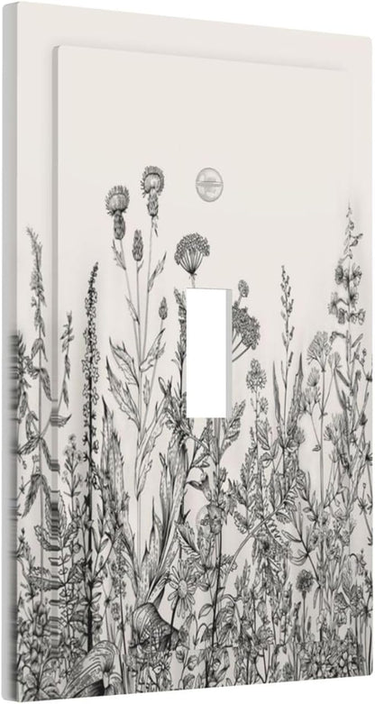 Vintage Grey Floral Herbs Wild Flowers Botanical 1 Gang Boho Light Switch Covers Decorative Country Single Toggle Wall Plate Switchcover Electrical Switchplate for Bedroom Decor