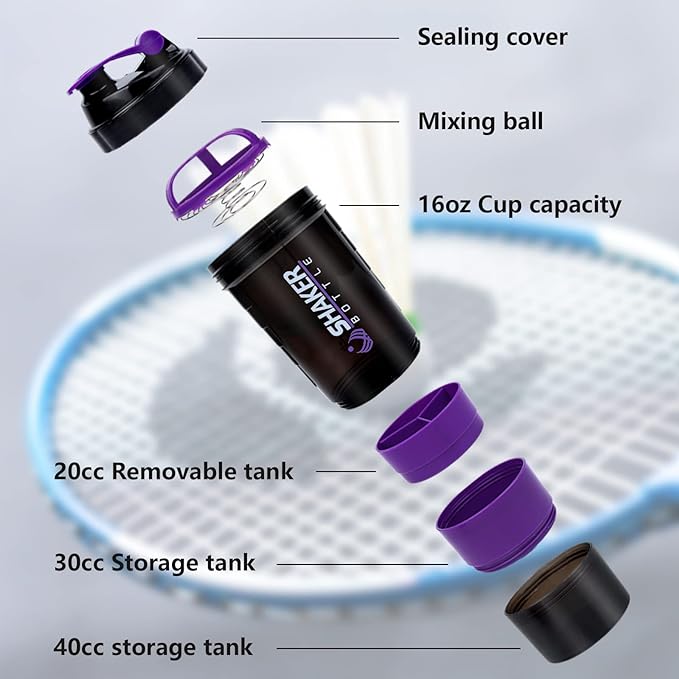Shaker Bottle Protein Shaker Bottles with Storage and Mix Ball, 16OZ Sports Water Bottle with Pill Organizer,Leak Proof Portable Shaker Bottles for Protein Mixes and Pre Work Out,BPA Free(purple)