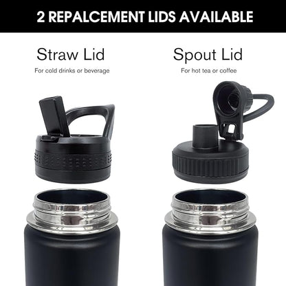 4pack 22 oz Insulated Water Bottle With Straw, Stainless Steel Sports Water Cup Flask with 2 Lids, Wide Mouth Travel Thermal Mug,Black
