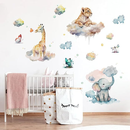 Watercolor Animals Wall Decals Elephant Lion Giraffe Wall Stickers Colorful Butterfly Clouds for Baby Boy Girl Room Decor Decals Peel and Stick Airplanes Kids Wall Stickers Nursery Decor