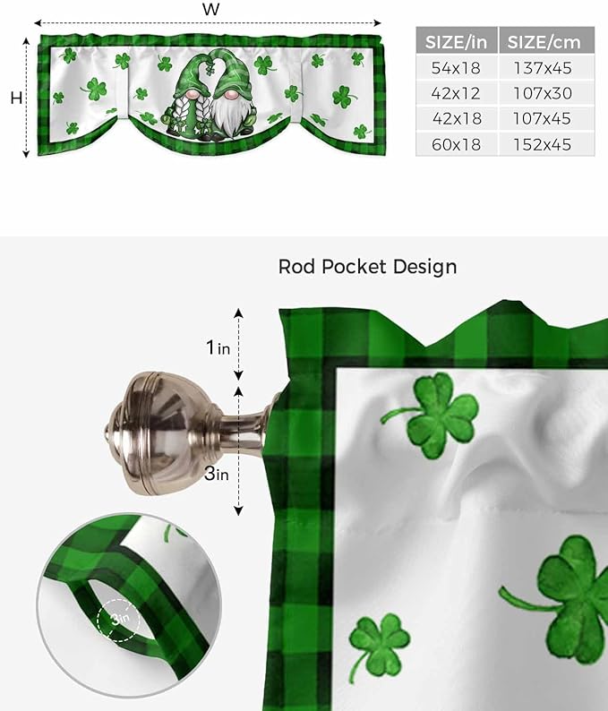 Gnome St. Patrick's Day Blackout Tie Up Valance Curtains for Kitchen Windows Buffalo Plaid Shamrock Window Toppers Balloon Shades for Living Room/Bathroom/Bedroom,1 Panel, 60" X 18", Spring Holiday