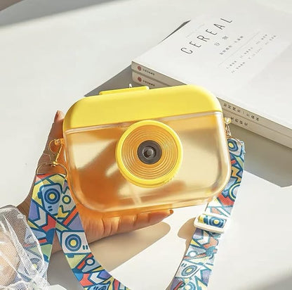 Camera Bottle Travel Cup with Straw Birthday Party Gift Ice Drinking Water Bottle Mug with Strap Picnic (camera yellow, 400 ml)