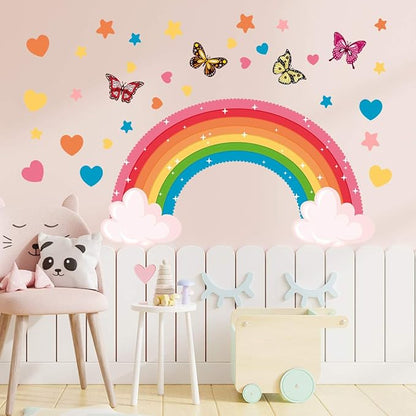 Rainbow Wall Decals Colourful Butterflies Cloud Wall Stickers Large Rainbow Removable Wall Art Murals Peel and Stick Wall Decoration for Bedroom Living Room Kids Bedroom Baby Nursery
