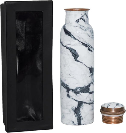 Copper Ayurveda Copper Water Bottle for Drinking – Travel Water Bottle for Gym, Yoga, Office, Hiking, Outdoor – with Lid (Yellw Pink floral) (White black marble)