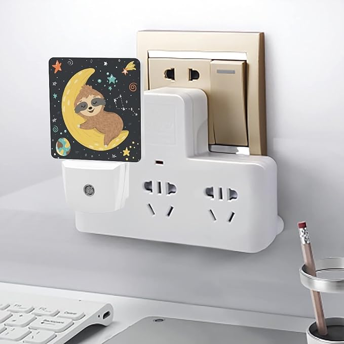 LED Night Lights Lamp with Dusk to Dawn Sensor, Baby Sloth Sleeping on The Moon Night Lamp, Night Lights Plug Into Wall for Kids Room, Bedroom, Bathroom, Kitchen, Hallway