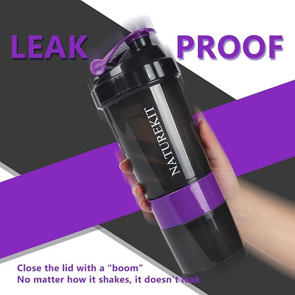 Shaker Bottle,Protein Shaker with Powder Storage Container 18oz, Leak Proof ，Gym Bottle Portable Pre Workout for Mix & Drink Shakes & Smoothies,Dishwasher Safe,Purple