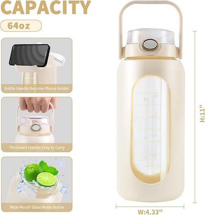 64oz Glass Water Bottle with Straw and Handle - Half Gallon Motivational Water Jug with Time Marker and Silicone Sleeve, Leak proof Wide Mouth Water Flask for Gym, Sports, and Daily Use (White)