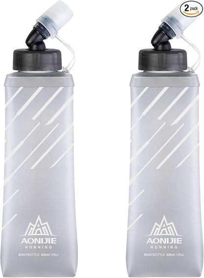 Azarxis TPU Soft Flask Folding Collapsible Water Bottles BPA-Free for Hydration Pack - Ideal Trail Running Hiking Cycling Climbing (420ml/14.20oz - 2 Pack)