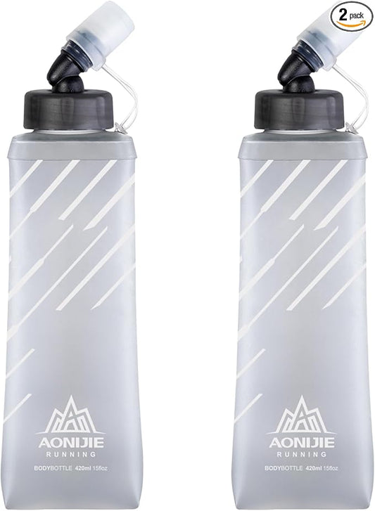 Azarxis TPU Soft Flask Folding Collapsible Water Bottles BPA-Free for Hydration Pack - Ideal Trail Running Hiking Cycling Climbing (420ml/14.20oz - 2 Pack)
