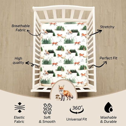 4 Pack N Play Sheets Woodland Forest Animals Wood Neutral Unisex Fitted Baby N Play Sheets Fitted for Standard Pack and Plays and Mini Cribs Set for Baby Boys or Girls (Paint Fox)