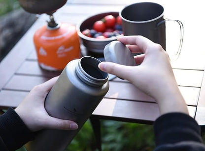 iBasingo 1050ml Titanium Bottle 600ml Nesting Cup Outdoor Camping Single Layer Wide Mouth Cookware Lightweight Portable Bottle Mug Hiking Picnic Solo Cooking Mess Kit