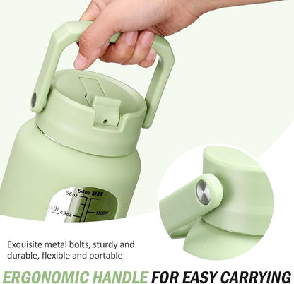 64 oz Glass Water Bottle with Straw and 2 Lids, Half Gallon Water Bottle with Sleeve, Large Insulated 2 Liter Glass Water Jug Time Marker with Handle - Green