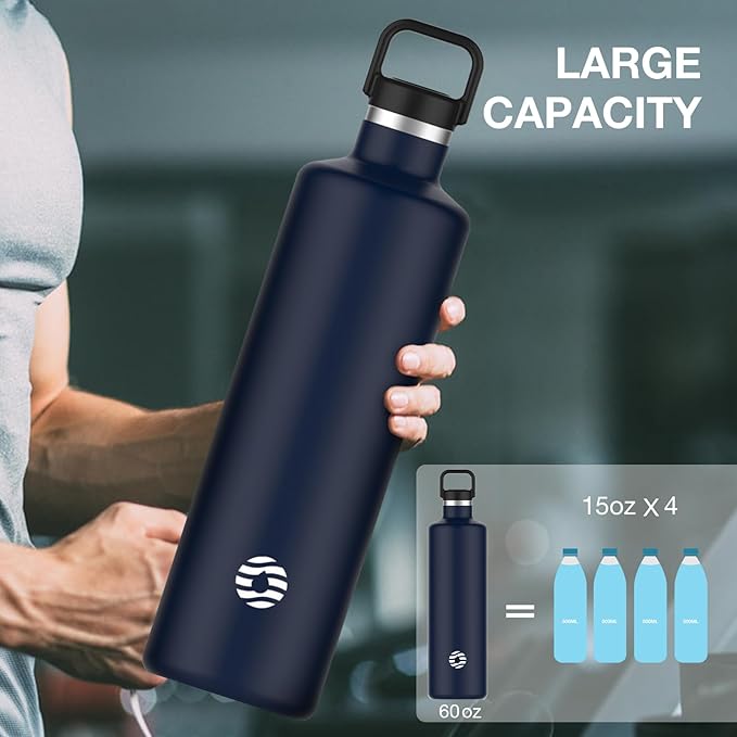 60oz Water Bottle with Carrier Bag, Large Insulated Water Bottle, Stainless Steel Water Bottles, Double Walled Insulated Thermo for Hot Drinks/Cold Drinks, Great for Gym, Hiking, Camping (Navy Blue)