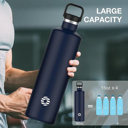 60oz Water Bottle with Carrier Bag, Large Insulated Water Bottle, Stainless Steel Water Bottles, Double Walled Insulated Thermo for Hot Drinks/Cold Drinks, Great for Gym, Hiking, Camping (Navy Blue)