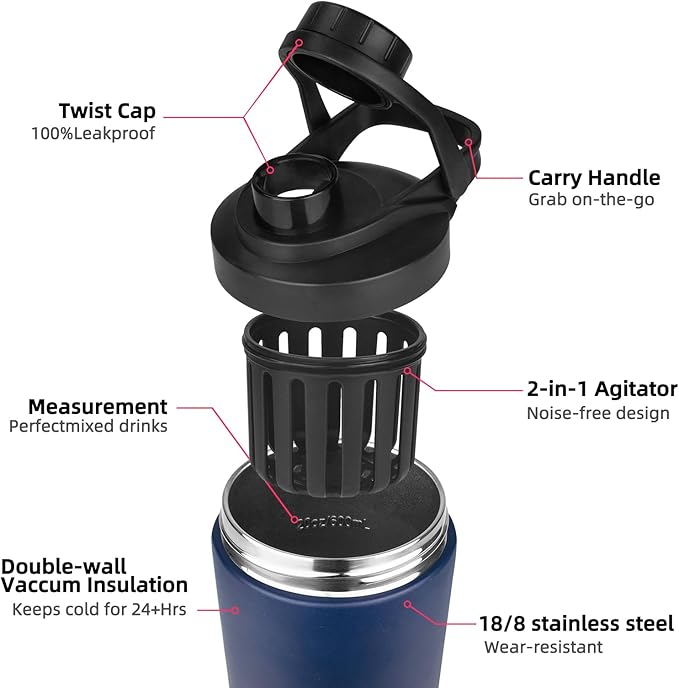 24 oz Shaker Bottle,Stainless Steel Shaker Bottle with Noise-Free Design,Insulated Metal Shakers Bottles Cup for Protein Mixes and Pre Workout,Gym Shaker Bottle (Dark Rainbow)