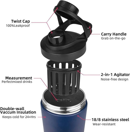 24 oz Shaker Bottle,Stainless Steel Shaker Bottle with Noise-Free Design,Insulated Metal Shakers Bottles Cup for Protein Mixes and Pre Workout,Gym Shaker Bottle (Dark Rainbow)