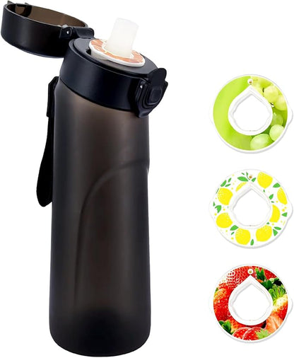 Air Water Bottle with Flavor Pods Tritan, 25oz Sports Water Bottle with Straw Leak-proof, Scented Water Bottle with Carrying Strap(Black+3 Flavor Pods)