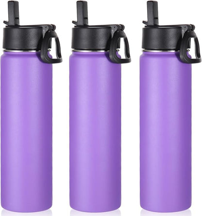 Volhoply 24oz Insulated Water Bottle With Straw Bulk 3 Pack,Metal Wide Mouth Water Bottles With Handle Keep Cold,Reusable Double Wall Thermos,Powder Coated Sport Bottle For Holder(Purple,3 Count)