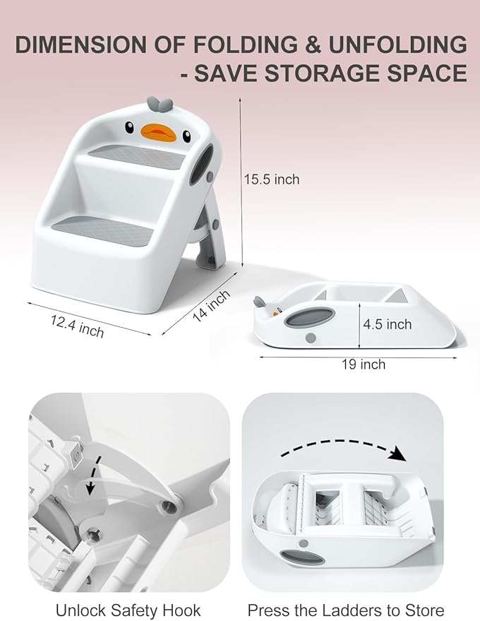 Toddler Step Stool, White & Grey, Foldable 2 Step Stool for Kids Bathroom Sink Potty Toilet, to Give Stepping Stool for Todders 1-3 More Independence, Easy to Use & Carry & Wash