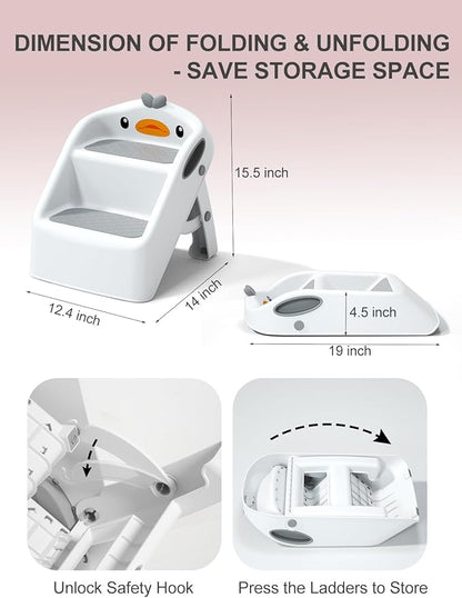 Toddler Step Stool, White & Grey, Foldable 2 Step Stool for Kids Bathroom Sink Potty Toilet, to Give Stepping Stool for Todders 1-3 More Independence, Easy to Use & Carry & Wash