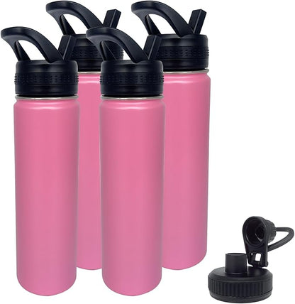 4pack 22 oz Insulated Water Bottle With Straw, Stainless Steel Sports Water Cup Flask with 2 Lids, Wide Mouth Travel Thermal Mug,Pink