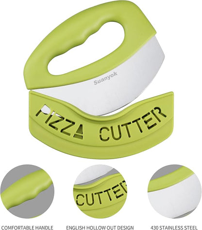 Premium Pizza Cutter Food Chopper-Super Sharp Stainless Steel Pizza Cutters Rocker/Slicer/Blade/Knife with Cover Multi Function Kitchen Tools,Dishwasher Safe(Green)