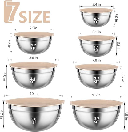 Mixing Bowls with Lids set - 26 PCS Stainless Steel Nesting Khaki Mixing Bowls Set for Baking,Mixing,Serving & Prepping,Size 5, 3.7, 2.8, 2.3, 1.7, 1.1, 0.7QT,12 Cooking Utensils