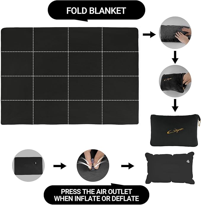 3 in 1 Travel Pillow and Blanket Set, Premium Soft 300 GSM Thick Airplane Blanket Compact with Bag for Long Trips Essentials, Hand Luggage Sleeve and Backpack Clip (Black)