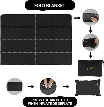 3 in 1 Travel Pillow and Blanket Set, Premium Soft 300 GSM Thick Airplane Blanket Compact with Bag for Long Trips Essentials, Hand Luggage Sleeve and Backpack Clip (Black)