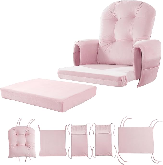 5 PCS Velvet Glider Rocker Replacement Cushions with Side Storage Pocket, Thickened & Supportive Cushions Set for Indoor Nursery Rocking Chair, Pink