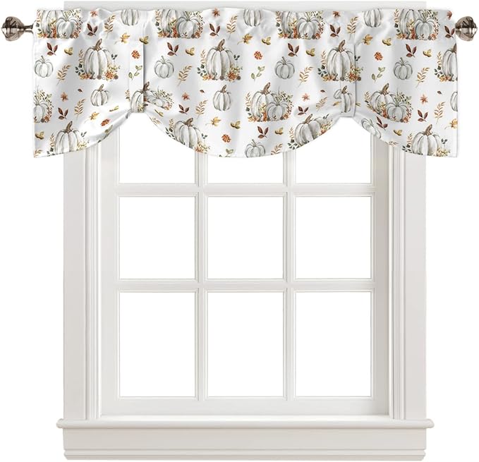 Fall Floral Leaves Blackout Tie Up Valance Curtains for Kitchen Windows Thanksgiving Pumpkins Window Toppers Balloon Shades for Living Room/Bathroom/Bedroom,1 Panel,54" X 18" Boho