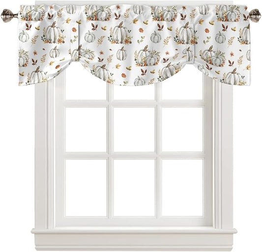 Fall Floral Leaves Blackout Tie Up Valance Curtains for Kitchen Windows Thanksgiving Pumpkins Window Toppers Balloon Shades for Living Room/Bathroom/Bedroom,1 Panel,60" X 18" Boho