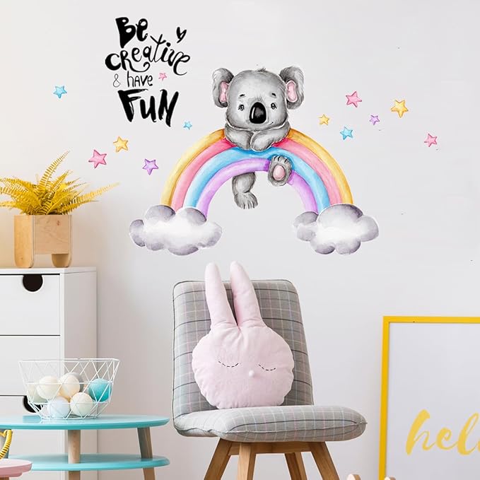 Cartoon Koala on Rainbow Wall Decal - 88cm x 34.64in Finished Size, Inspiring 'Be Creative & Have Fun' Message