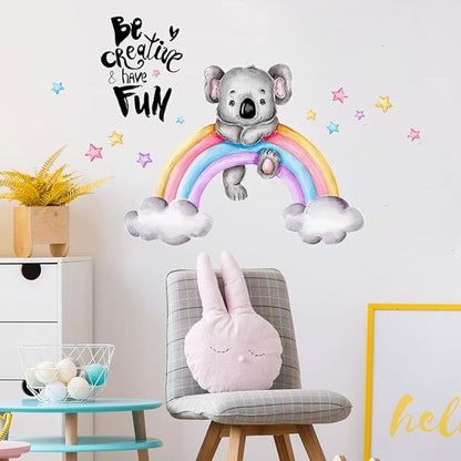 Cartoon Koala on Rainbow Wall Decal - 88cm x 34.64in Finished Size, Inspiring 'Be Creative & Have Fun' Message