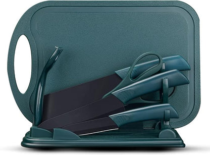 Magicorange 7-Piece Kitchen Knife Set - 5 Black Stainless Steel Knives with Sheaths, Cutting Board, and a Knife Block- Stainless Steel Kitchen Knives with PP Ergonomic Handle (Green)