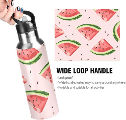 ALAZA Red Watermelons Water Bottle With Straw Lids Boys Girls,Vacuum Insulated Leakproof Stainless-Steel Sports Bottle Thermal Flask For Gym Yoga Camping,20Oz (600Ml)