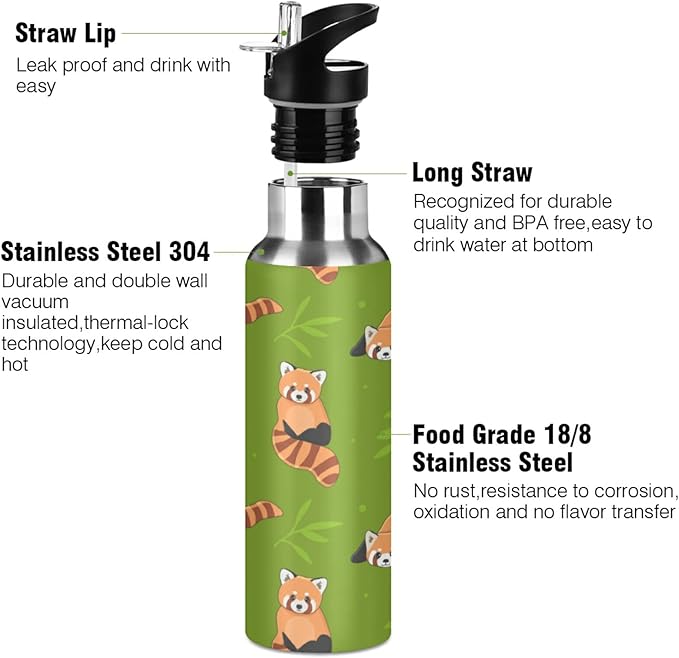 Blueangle 20oz Cartoon Cute Red Panda Water Bottle, BPA Free Stainless Steel Water Bottle Leak-Proof Sports Bottle for Camping Workouts Gym and Outdoor Activity