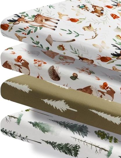 4 Pack N Play Sheets Woodland Forest Animals Wood Neutral Unisex Fitted Baby N Play Sheets Fitted for Standard Pack and Plays and Mini Cribs Set for Baby Boys or Girls (Beer)