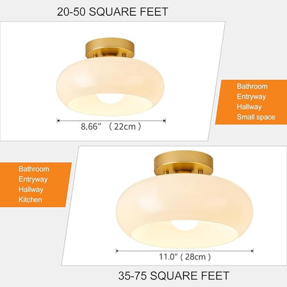 Mid-Century Modern Gold Semi Flush Mount Ceiling Light, Kitchen Ceiling Light Fixture with Glass Shade, Vintage White Close to Ceiling Lamp for Entryway Hallway Bathroom (8.66 Inch)