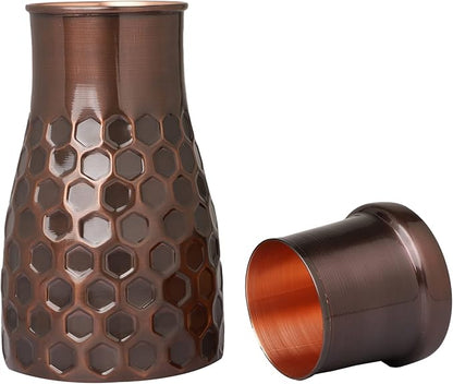 AAYUVEDA® Pure Copper Antique Honeycomb Bedroom Water Bottle 34oz, with in-Built Glass (Loose Lid)