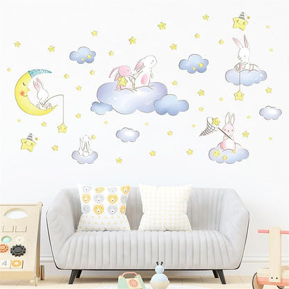 Cartoon Cute Rabbit Wall Decal The Moon and Stars Cloud Bunny Wall Stickers Nursery for Bedroom Girls Decor