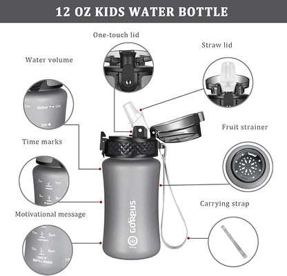 GOPPUS Kids Water Bottle with Straw Spout Lid 10pcs Stickers 12 oz Leak-proof BPA Free Motivational Time Marker Tritan Plastic Water Bottles for Girls Boys School Sports