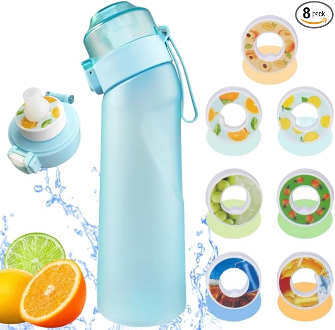 Air Water Bottle 8PCS Flavor Pods 22oz Fruit Fragrance Scented Water Cup BPA Free 0% Sugar For Outdoor Sports,Gifts From Friends (1 bottle Matte Blue+7 pods in random flavors)
