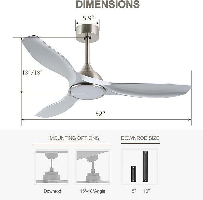 52 Inch Quiet DC Motor 6 Speed High CFM Modern Ceiling Fan with Lights Remote Control, 3 Blade Indoor Silver Ceiling Fan for Bedroom, Office, Living Room